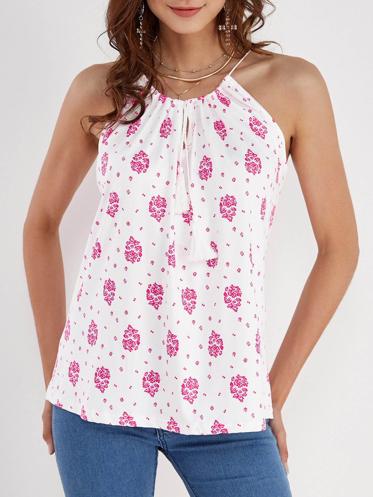 Wholesale Round Neck Floral Print Lace-Up Cut Out Sleeveless Camis