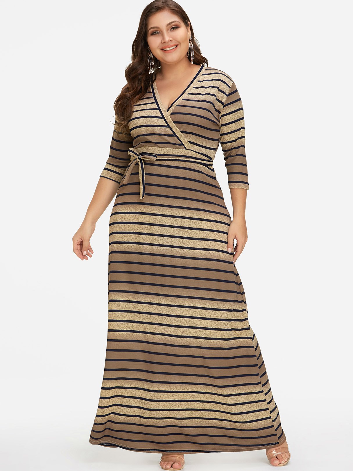 Wholesale V-Neck Stripe Self-Tie Wrap Half Sleeve Plus Size Dress