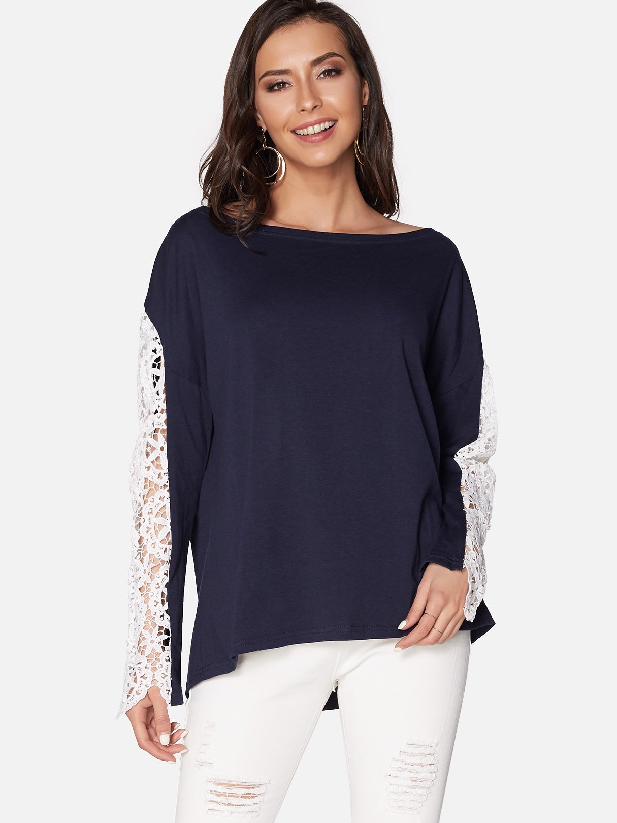 Wholesale Round Neck Plain Lace Long Sleeve Curved Hem T-Shirts
