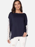 Wholesale Round Neck Plain Lace Long Sleeve Curved Hem T-Shirts