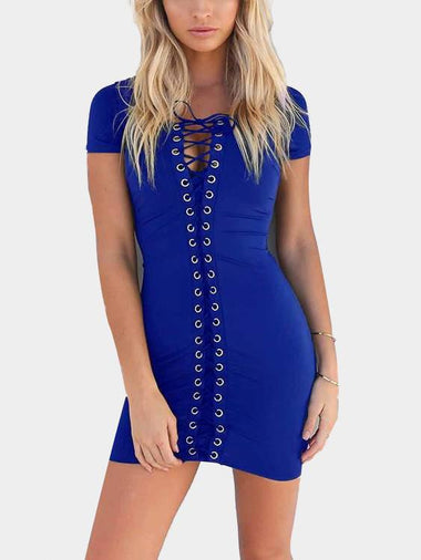 Wholesale Royal Blue Round Neck Short Sleeve Lace-Up Bodycon Mini Dress