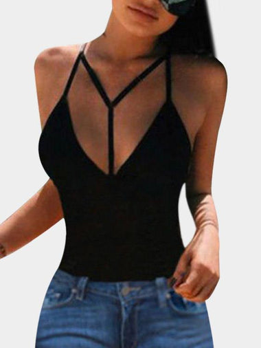 Wholesale V-Neck Plain Crossed Front Sleeveless Black Camis