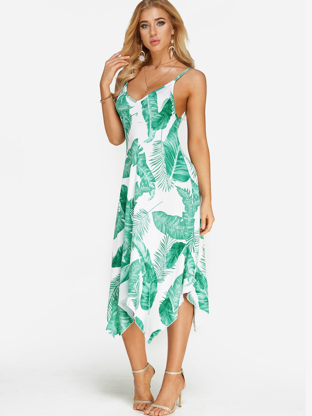 Wholesale V-Neck Sleeveless Floral Print Backless Spaghetti Strap Irregular Hem Maxi Dress