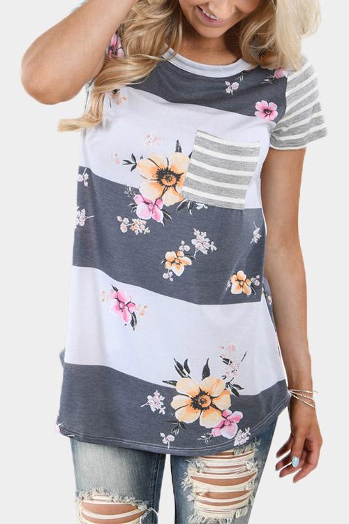 Wholesale Round Neck Stripe Floral Print Short Sleeve T-Shirts
