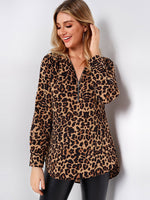 Wholesale V-Neck Leopard Zip Back Long Sleeve Curved Hem Khaki Blouses