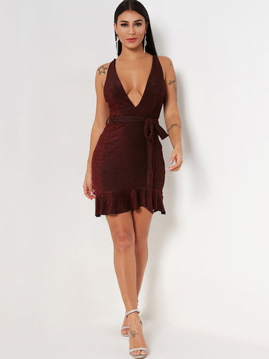 Wholesale Burgundy Deep V Neck Sleeveless Plain Sequins Embellished Self-Tie Flounced Hem Dresses