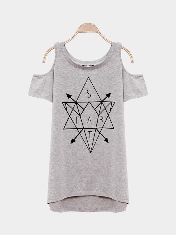 Wholesale Round Neck Cold Shoulder Printed Short Sleeve Grey T-Shirts