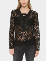 Wholesale Plain Lace Lace-Up Long Sleeve Black Blouses