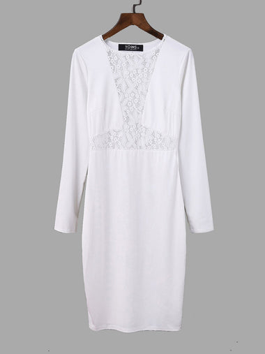 Wholesale White Crew Neck Long Sleeve Lace Midi Dress