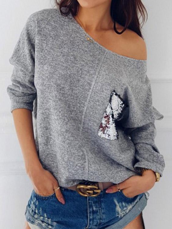 Wholesale One Shoulder Sequins Embellished Long Sleeve Grey T-Shirts