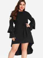 Wholesale Round Neck Embroidered Handmade Beaded Tiered Self-Tie Long Sleeve High-Low Hem Black Plus Size Dress