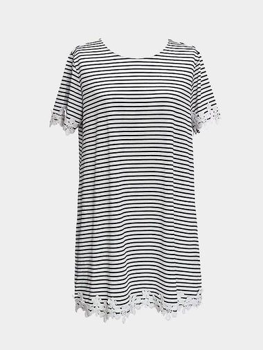 Wholesale Crew Neck Short Sleeve Stripe Lace Mini Dress