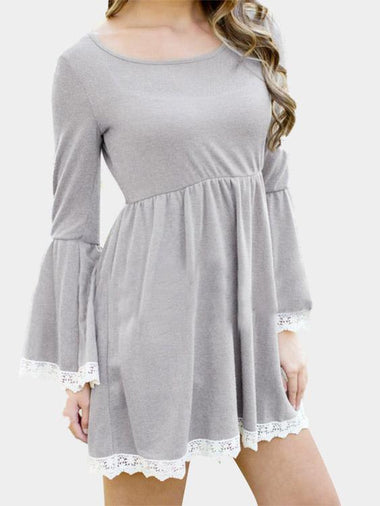 Wholesale Grey Round Neck Long Sleeve Lace Casual Dresses