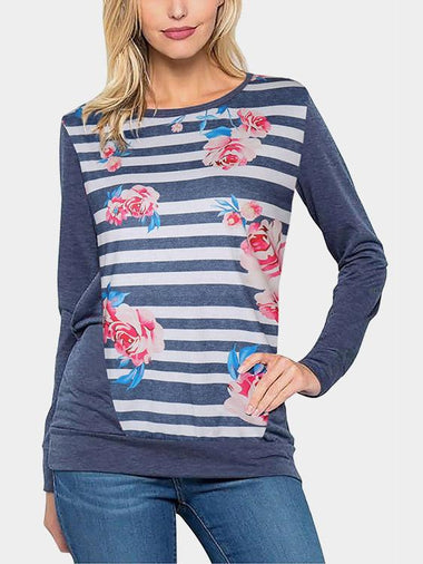 Wholesale Round Neck Floral Print Long Sleeve Bodycon Hem Navy T-Shirts