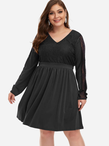 Wholesale V-Neck Plain Lace Cut Out Long Sleeve Black Plus Size Dress
