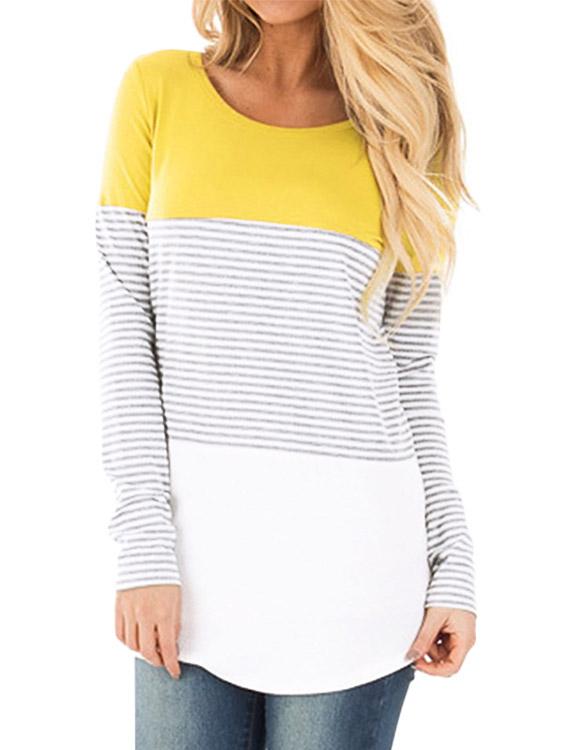 Wholesale Round Neck Stripe Long Sleeve Curved Hem T-Shirts