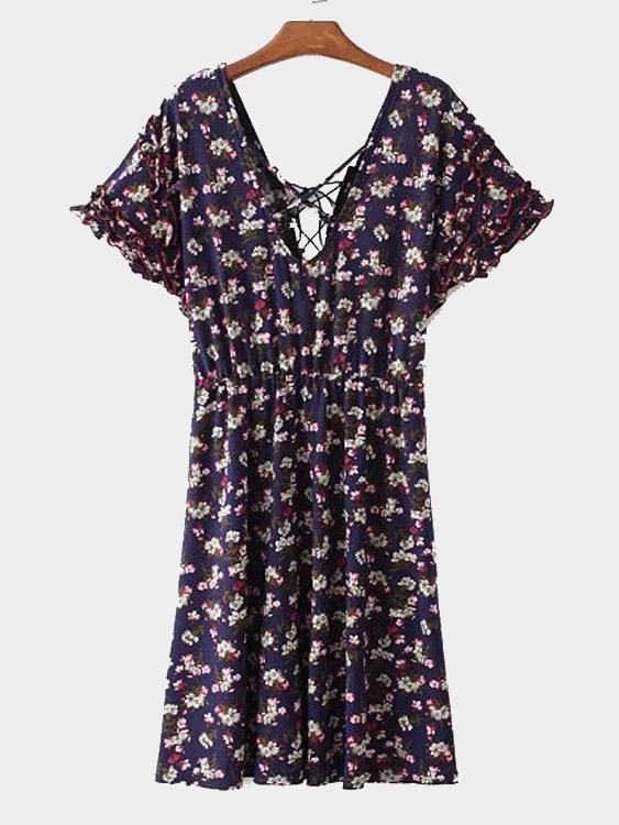 Wholesale V-Neck Floral Print Tie Back Pastoral Style Dresses