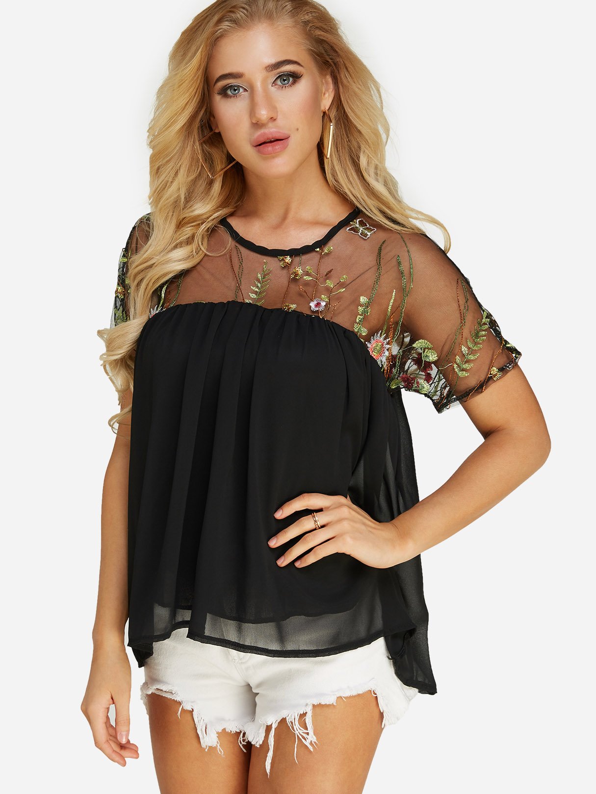 Wholesale Crew Neck Embroidered Short Sleeve Black Top