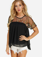 Wholesale Crew Neck Embroidered Short Sleeve Black Top