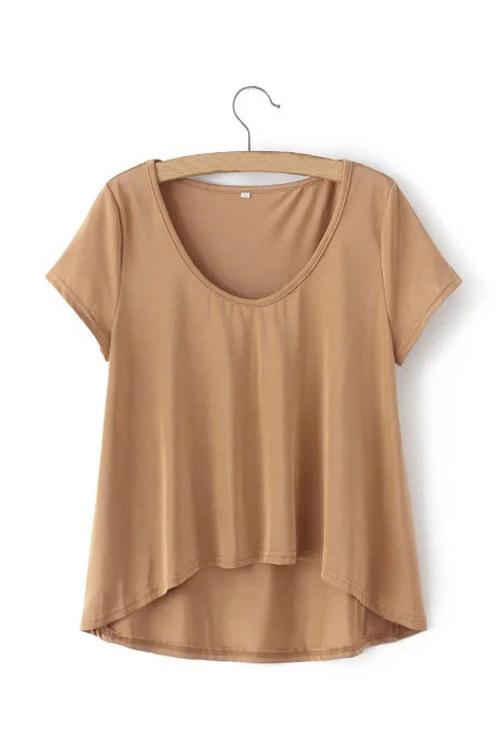 Wholesale Round Neck Curved Hem Khaki T-Shirts