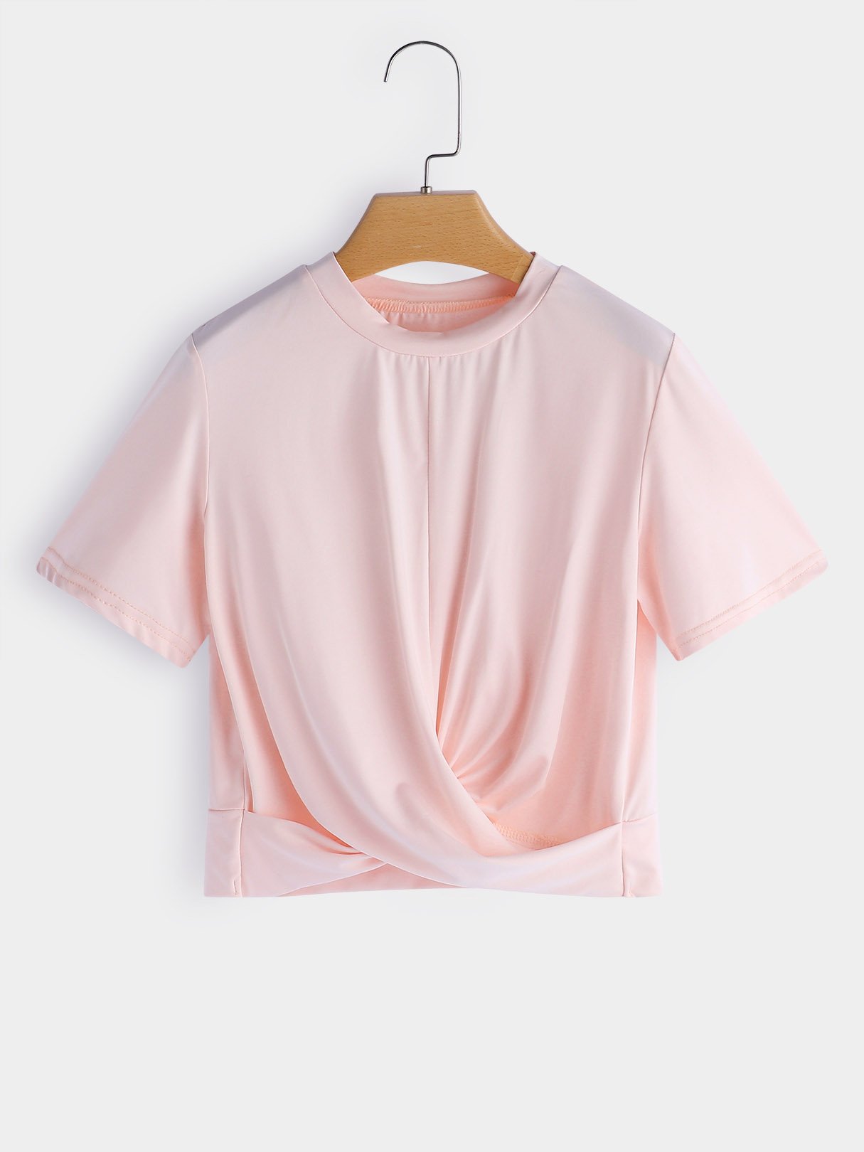 Wholesale Crew Neck Plain Crossed Front Short Sleeve Pink T-Shirts