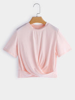 Wholesale Crew Neck Plain Crossed Front Short Sleeve Pink T-Shirts