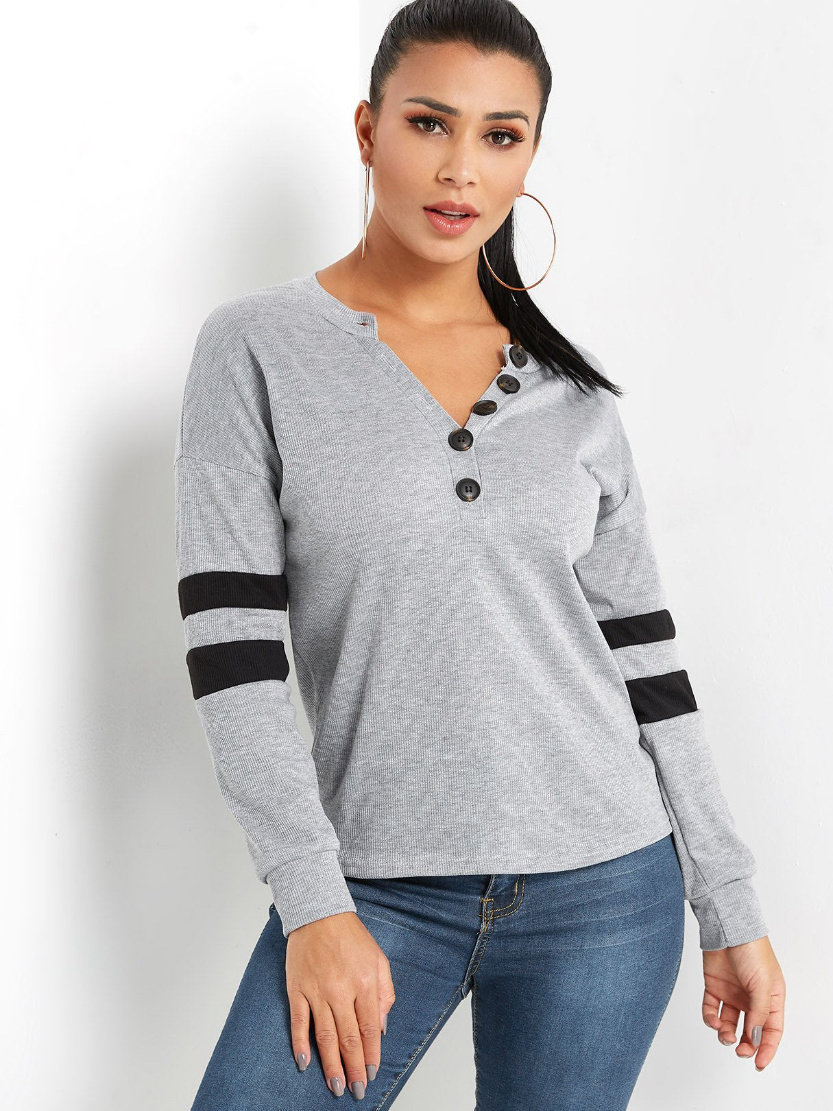 Wholesale V-Neck Stripe Long Sleeve T-Shirts