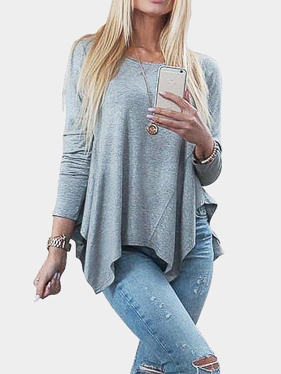 Wholesale Round Neck Lace Pleated Long Sleeve Irregular Hem Grey T-Shirts