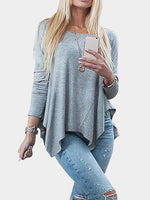 Wholesale Round Neck Lace Pleated Long Sleeve Irregular Hem Grey T-Shirts
