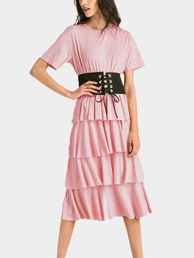 Wholesale Pink Round Neck Short Sleeve Shirt Dress