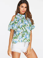 Wholesale Cold Shoulder Floral Print Short Sleeve T-Shirts