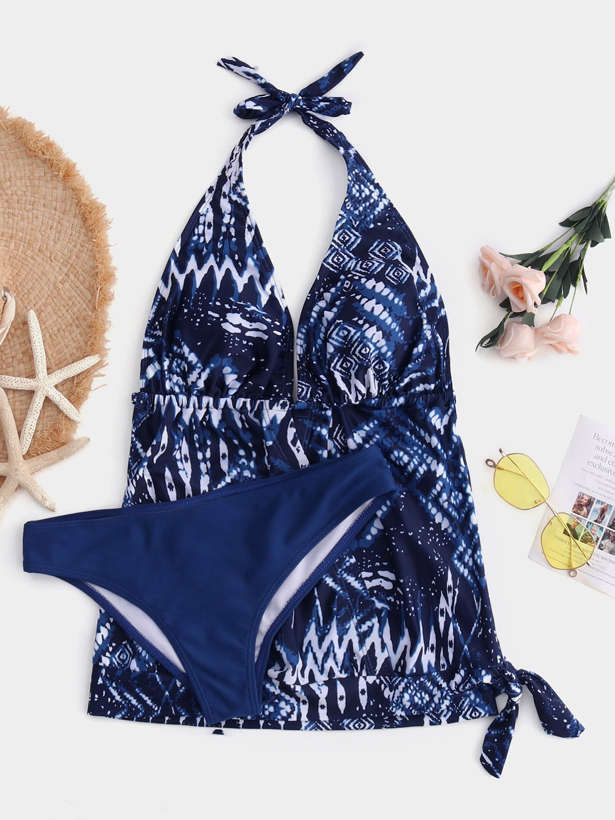 Wholesale Blue Halter Tribal Print Backless Lace-Up Bikinis
