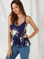 Wholesale V-Neck Floral Print Sleeveless Flounced Hem Camis