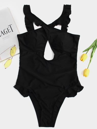 Wholesale Halter Plain Cut Out Black One-Pieces