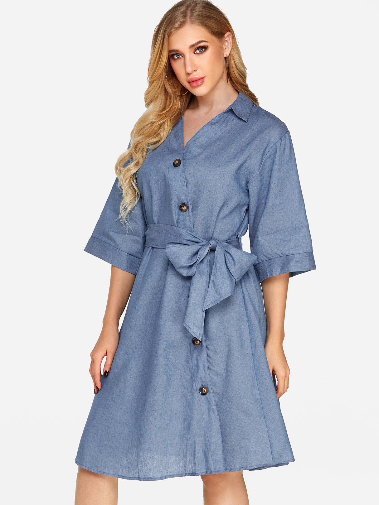Wholesale V-Neck 3/4 Sleeve Length Lace-Up Casual Dresses