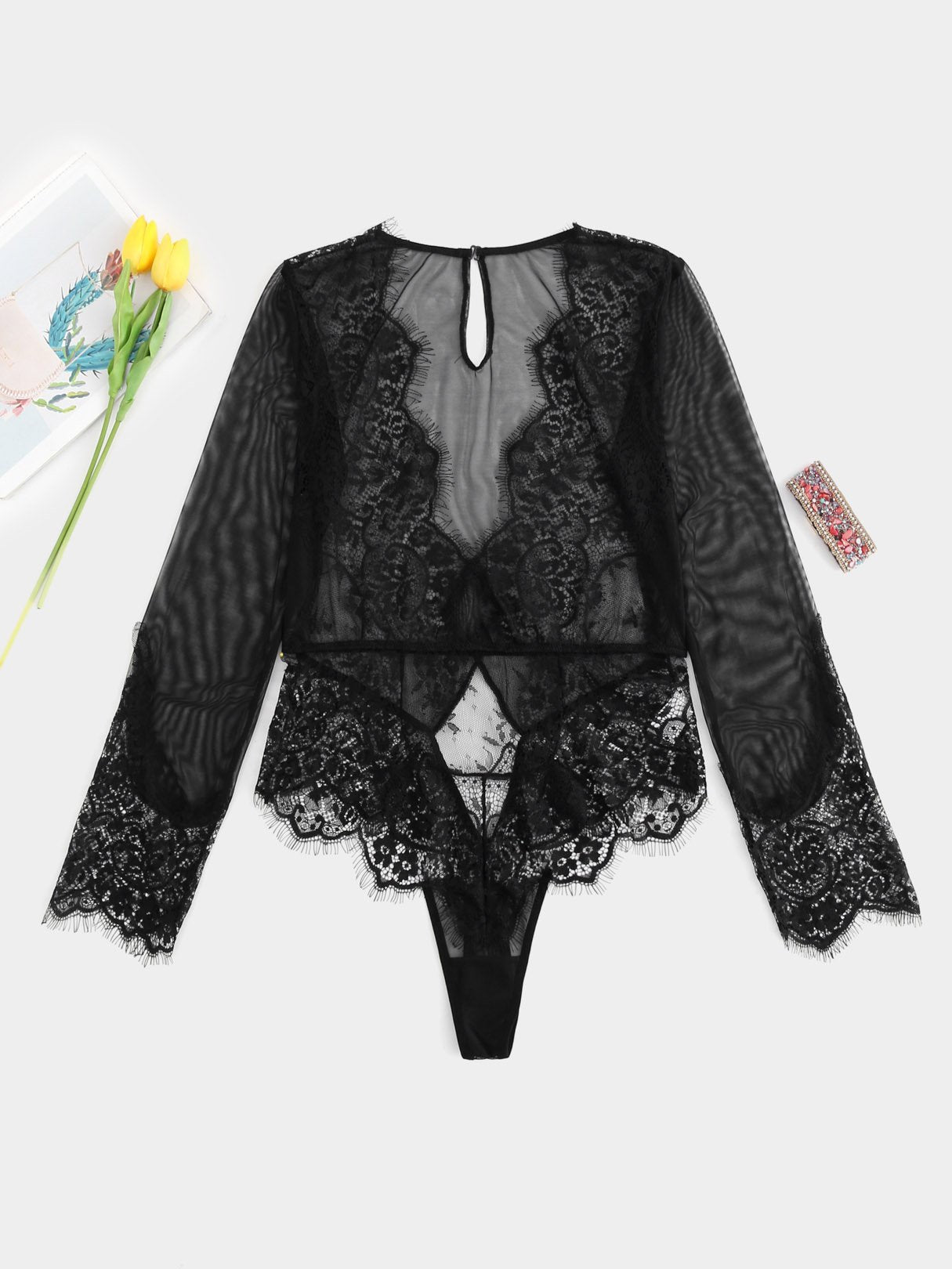 Wholesale Plain Hollow Cut Out Long Sleeve Black Plus Size Intimates