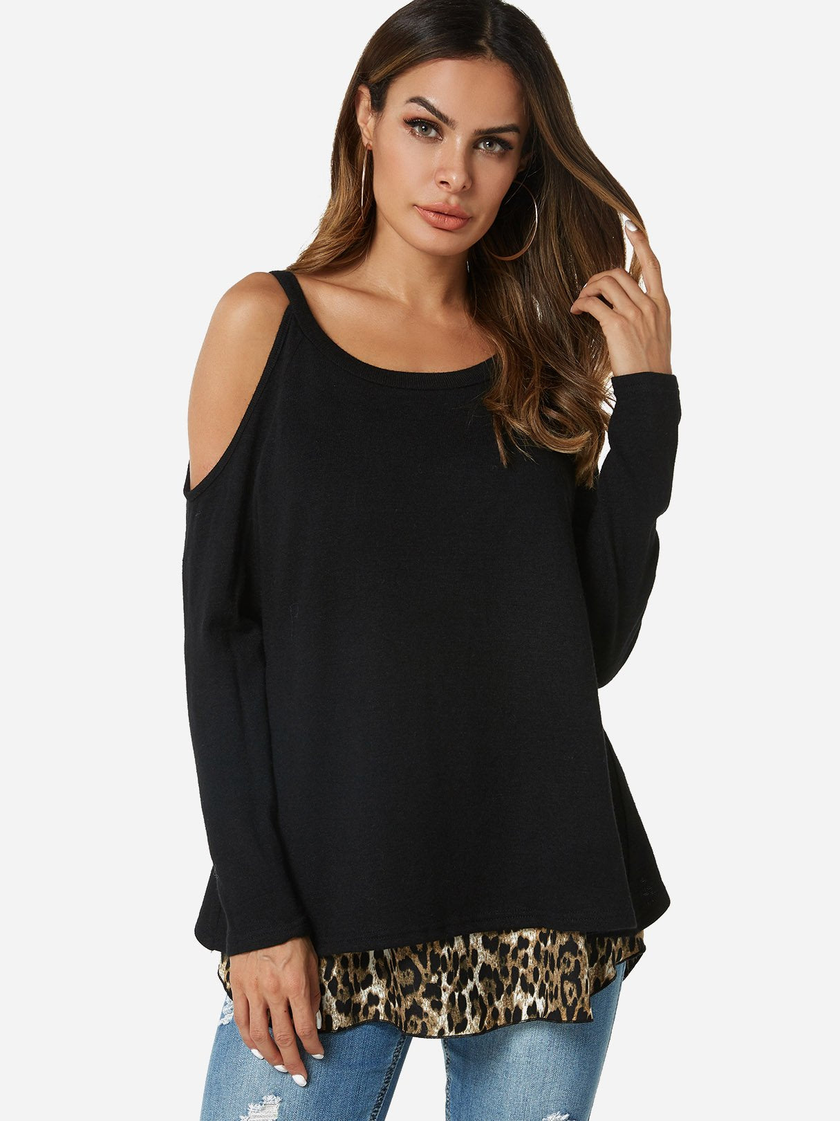 Wholesale Scoop Neck Cold Shoulder Leopard Long Sleeve T-Shirts