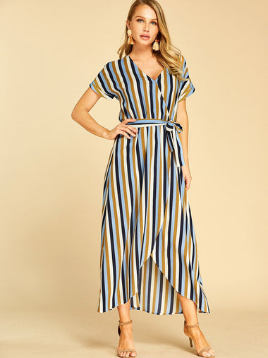 Wholesale V-Neck Short Sleeve Stripe Self-Tie Wrap Dresses