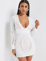 Wholesale White Deep V Neck Long Sleeve Plain Lace Hollow See Through Dresses