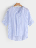 Wholesale V-Neck Stripe Lace Hollow Short Sleeve Curved Hem Plus Size Tops