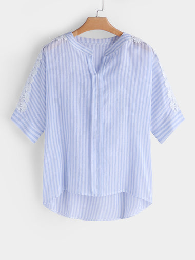 Wholesale V-Neck Stripe Lace Hollow Short Sleeve Curved Hem Plus Size Tops