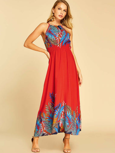 Wholesale Red Halter Sleeveless Floral Print Casual Dress