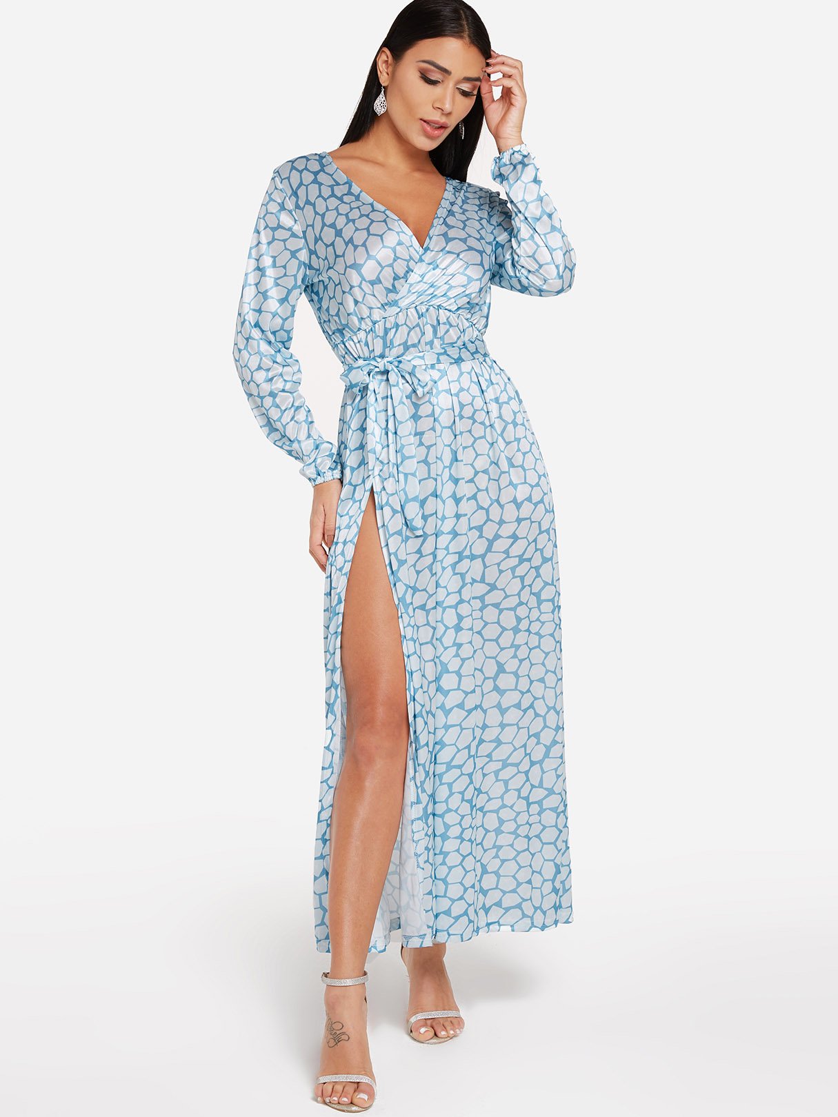 Wholesale Blue V-Neck Long Sleeve Geometrical Self-Tie Slit Hem Maxi Dress