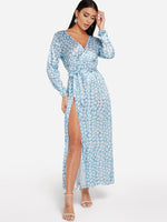 Wholesale Blue V-Neck Long Sleeve Geometrical Self-Tie Slit Hem Maxi Dress