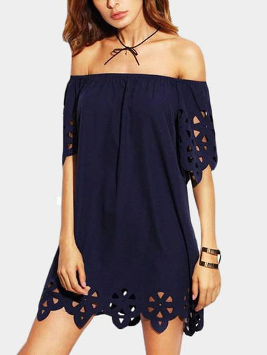 Wholesale Navy Off The Shoulder Short Sleeve Hollow Irregular Hem Mini Dress