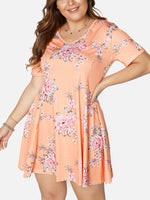 Wholesale Round Neck Floral Print Pleated Short Sleeve Plus Size Mini Dress