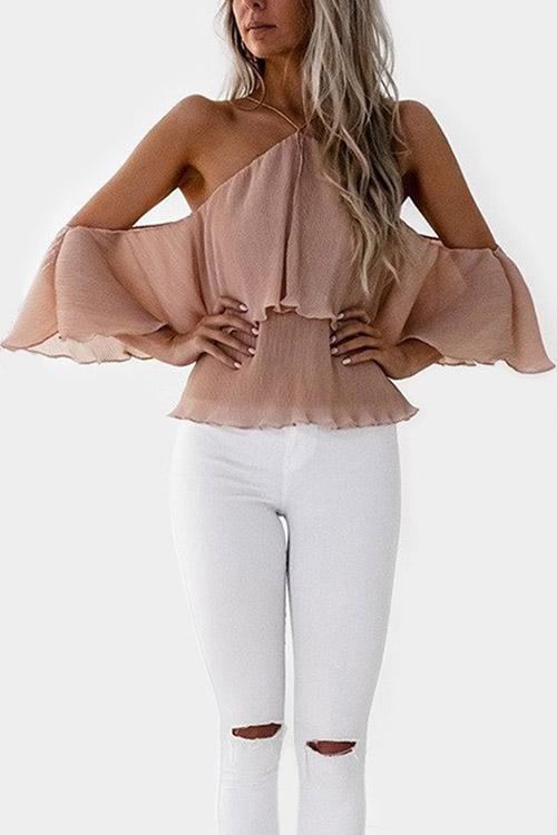 Wholesale Halter Cold Shoulder Plain 3/4 Length Sleeve Flounced Hem Apricot Blouses