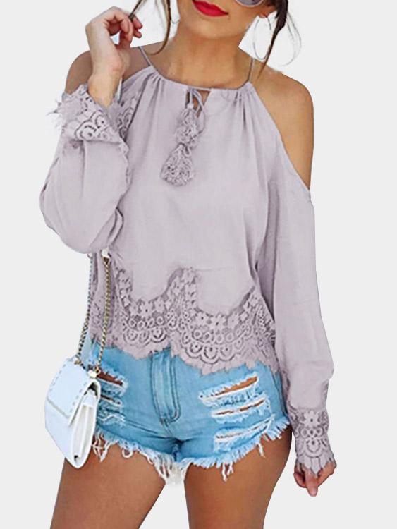 Wholesale Round Neck Lace Long Sleeve Light Purple Blouses