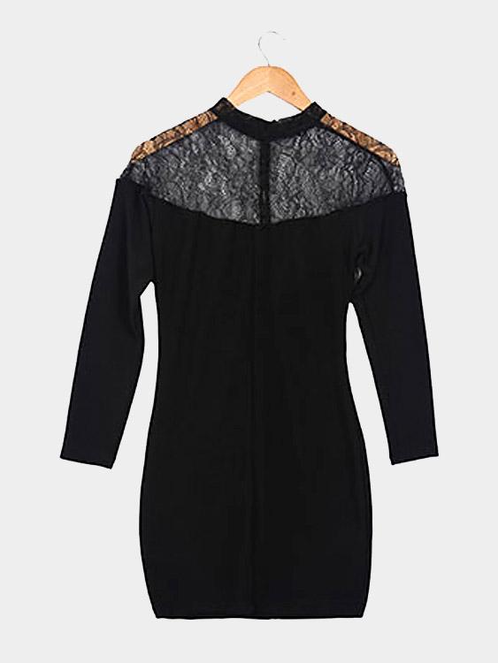 Wholesale Black Crew Neck Long Sleeve Lace Bodycon Hem Sexy Dresses