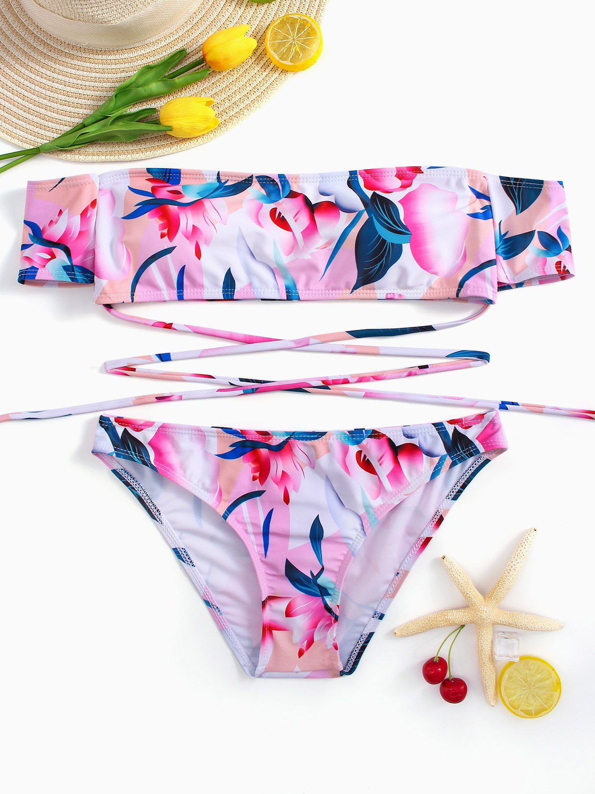 Wholesale Off The Shoulder Short Sleeve Floral Print 2 Piece Bikinis